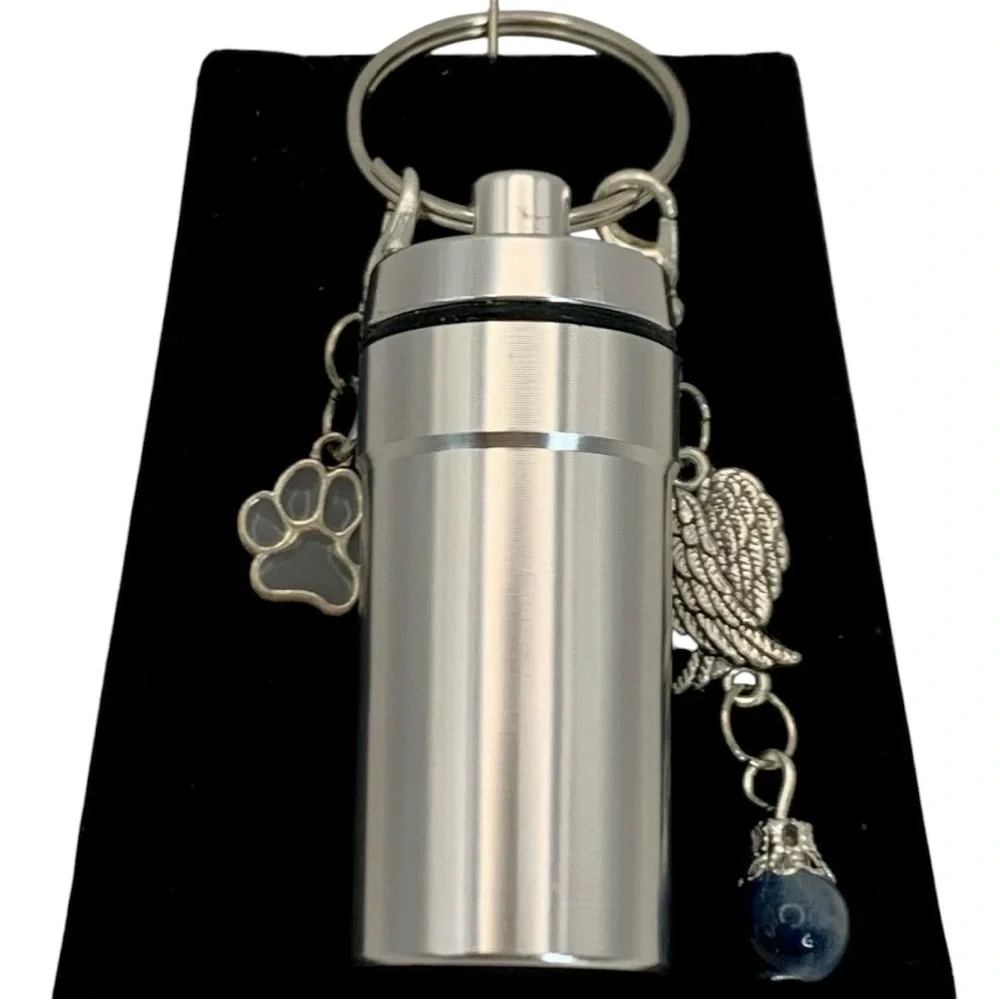 Pet Cremation Urn Silver Stainless Steel Memorial Keepsake Cylinder Keychain